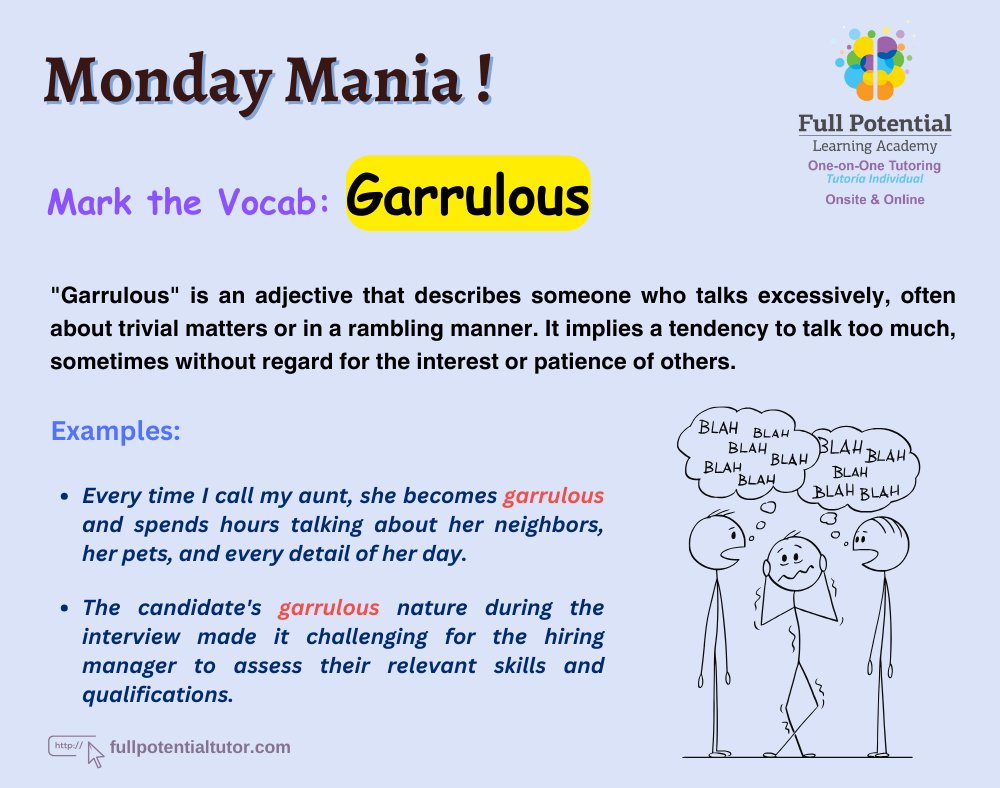 FPLAUSA's tweet image. In a world filled with noise, let&apos;s remember the value of thoughtful conversation. Avoid being garrulous and aim for quality over quantity in your interactions. 

#LearningWords #VocabularyBoost #FPLA  #OneOnOneTutoring #Garrulous #CommunicationSkills