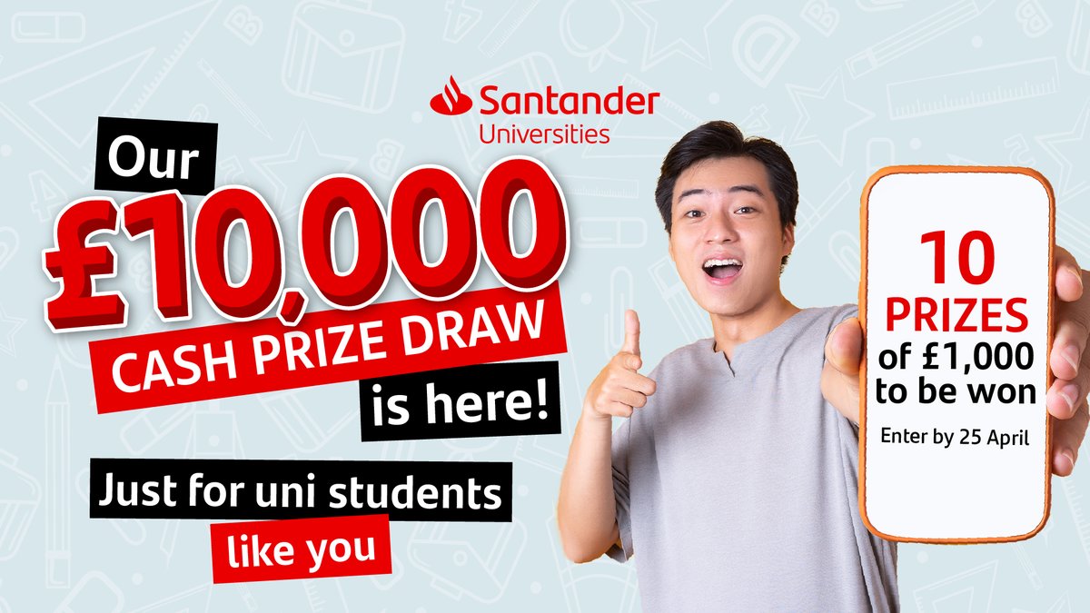 Enter Santander's 10k giveaway by 25th April for a chance to win 1 of 10 awards worth £1,000 each! #10KCashPrizeDraw24 bit.ly/3vtVQsZ