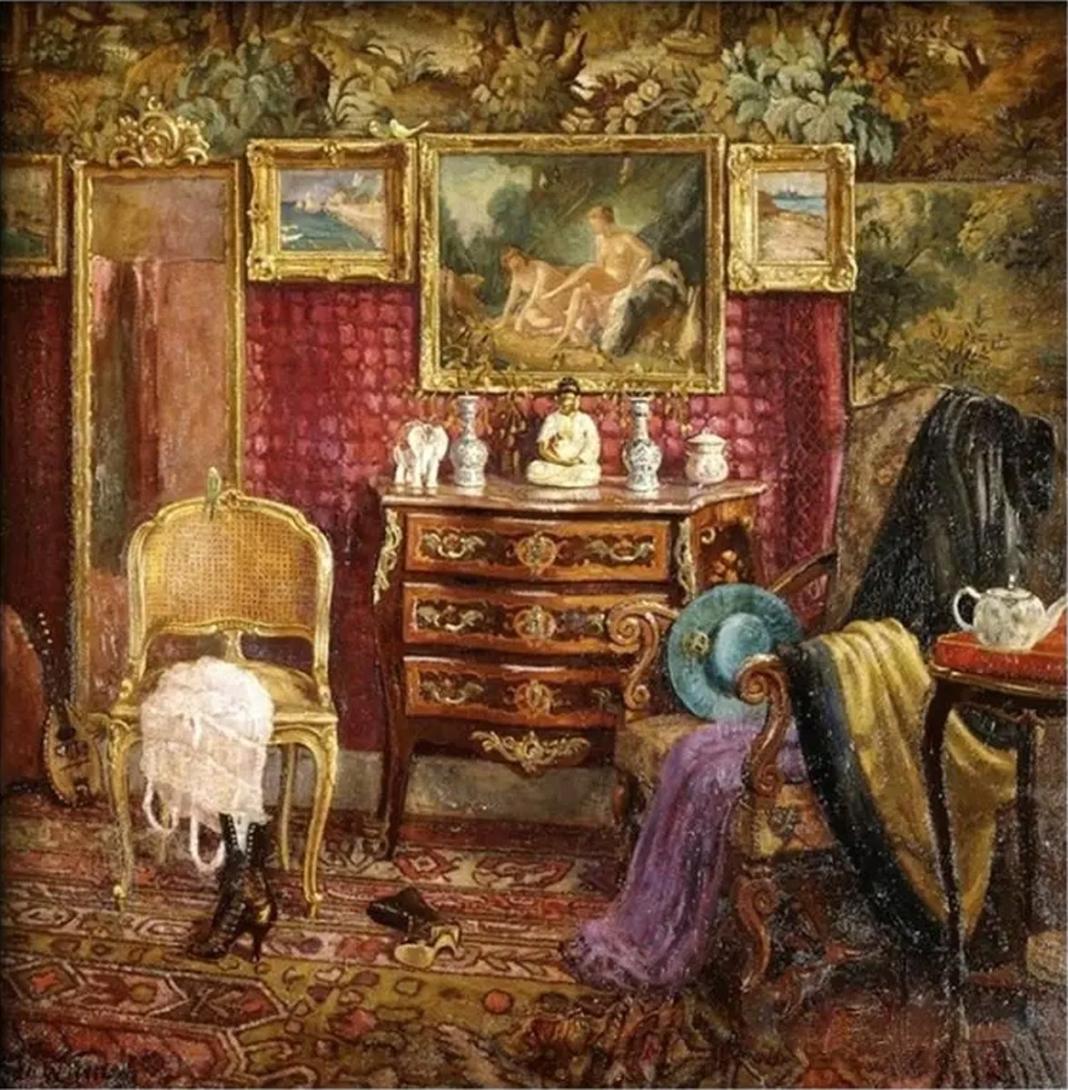 Art Inspiration For Today: The Interior of the Boudoir by Lili Elbe (Danish), oil on canvas, genre: Post-Impressionism, 1916 #theinterioroftheboudoir #lilielbe #artinspiration #danishart #oilpainting #fineart #postimpressionism #artonx