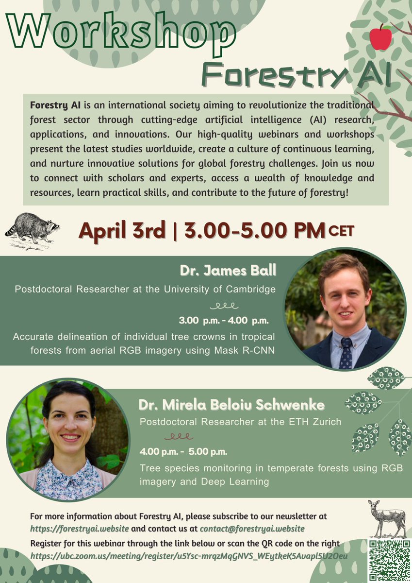 Mirela Beloiu Schwenke (@biomirela) on Twitter photo Exploring new horizons: tree species mapping with #deeplearning & #RGB imagery 🌲🌳🌱🌴Future #tree & #biodiversity monitoring methods 🧐
I'll be giving a workshop with <a href="/JgcBall/">James Ball</a> at #ForestryAI
If you are interested, join us 👩🏾💻🧑🏽💻👩💻⬇️
Registration: forestryai.website/events Exploring new horizons: tree species mapping with #deeplearning & #RGB imagery 🌲🌳🌱🌴Future #tree & #biodiversity monitoring methods 🧐
I'll be giving a workshop with <a href="/JgcBall/">James Ball</a> at #ForestryAI
If you are interested, join us 👩🏾💻🧑🏽💻👩💻⬇️
Registration: forestryai.website/events