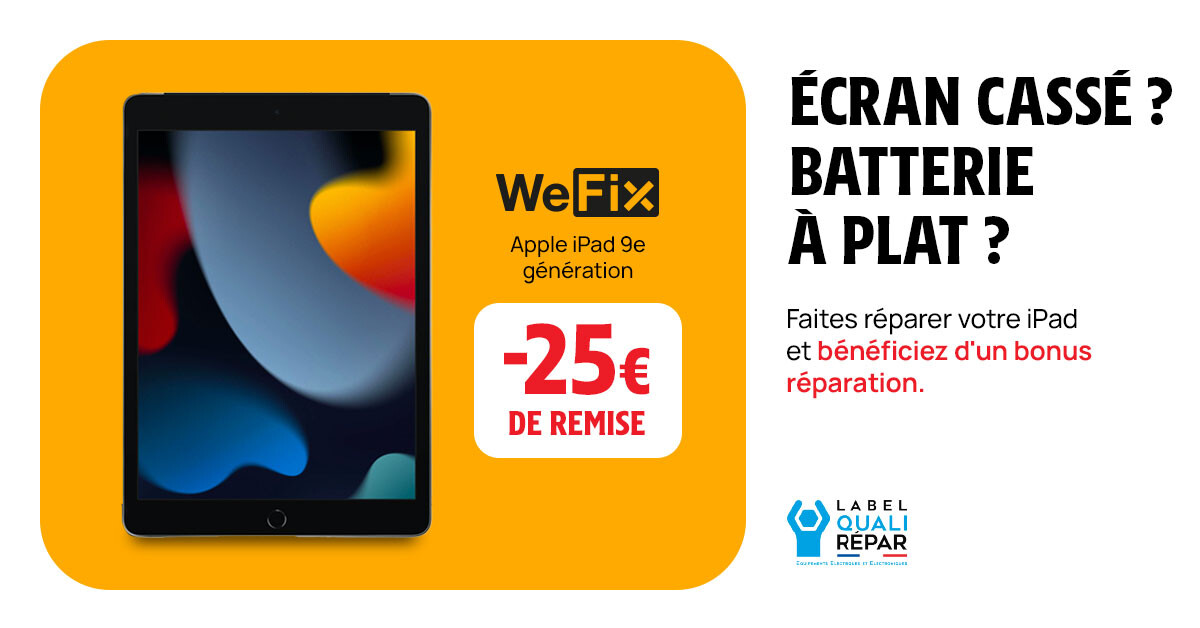 Faites réparer votre tablette et bénéficiez d’un bonus réparation de -25€ sur l’iPad 9e génération. 🤩 👉 lc.cx/73geU6