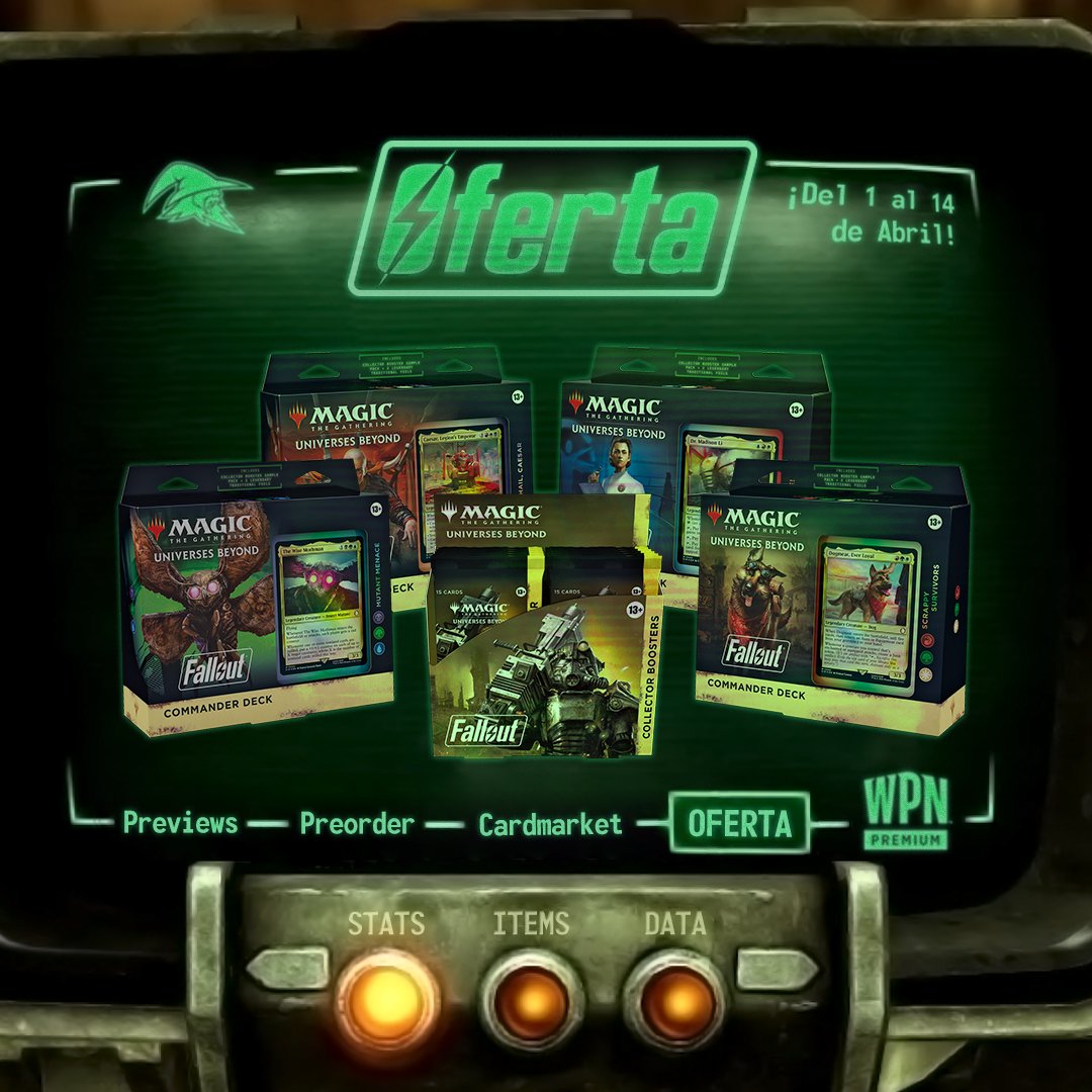 ☢️ El próximo 12 de abril se estrena la serie de #Fallout en #PrimeVideo y, para que vayáis abriendo boca, ¡tenemos todos los productos de la colección #MTGPIP con increíbles descuentos! ¡Aprovecha las ofertas del 1 al 15 de abril! 🧟 Fallout ➡️ bit.ly/3uCLtCF