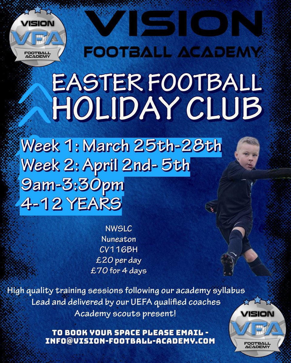 Vision_FA's tweet image. ⚽️ VISION-FOOTBALL-ACADEMY-HOLIDAY CLUBS ⚽️

Tomorrow sees the start of our second week of holiday clubs, our Football Elite Club &amp;amp; our multi sports club

These two clubs run side by side 9-3:30pm and are run by our uefa trained coaches. 

Book
📧 info@vision-football-academy.com
