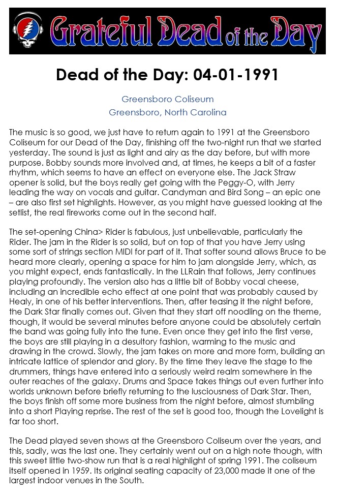 #UpNext on GDRADIO.NET
(at around 4:15pm eastern / 1:15pm pacific)
★ 1991-04-01 at the Greensboro Coliseum in Greensboro, NC ★
#OTD #DeadOTD #DeadHeads #GratefulDead #gratefuldeadmusic
(content courtesy of gratefuldeadoftheday.com)