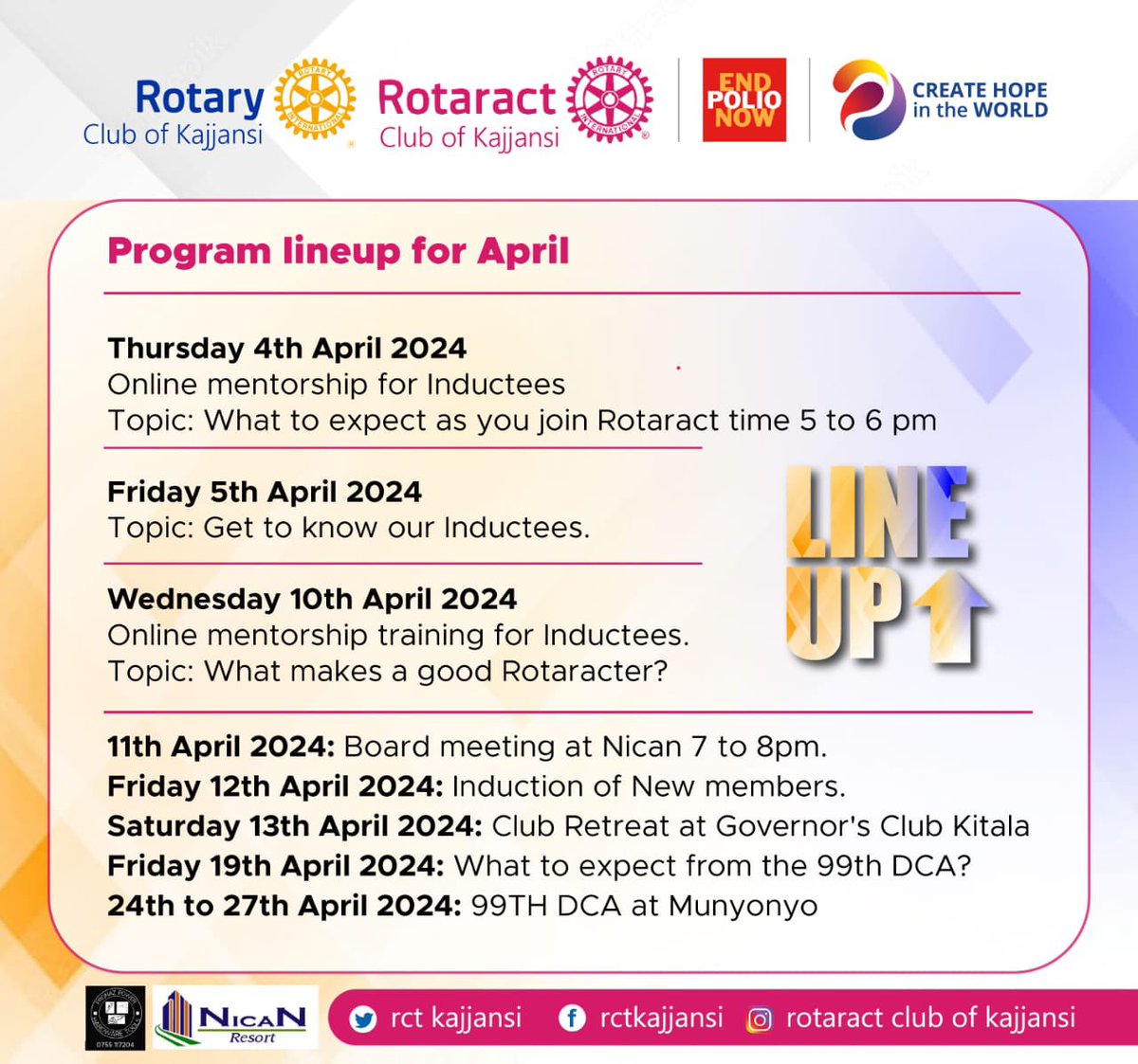 Greetings to all Rotarians, Rotaractors, guests, and well wishers! We're excited to present our program schedule for the month of April.