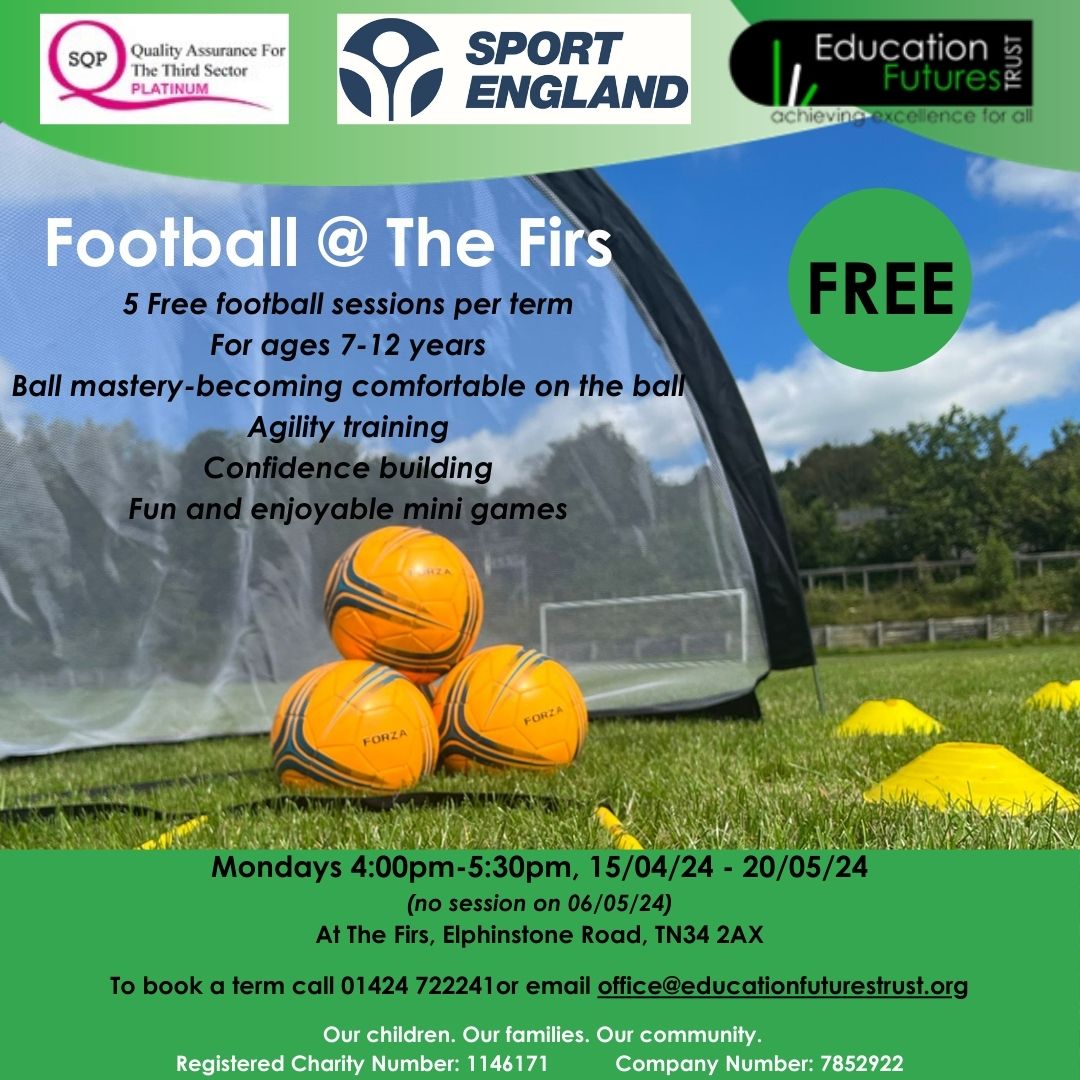 ⚽ Football at the Firs is starting again after the Easter holidays for children aged 7 -12 years. These free term-time sessions are great for perfecting those ball skills, whilst building confidence and making new friends. Book now. #EFT #Football #Hastings #stleonardsonsea