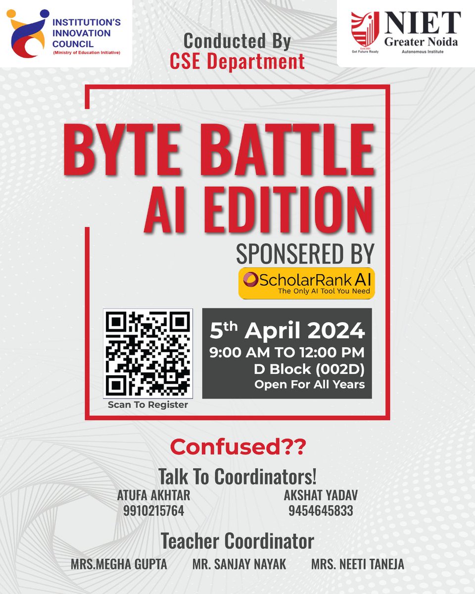 Join us for Byte Battle: AI Edition sponsored by ScholarRankAI! Venue 001D (basement) on April 5, 2024, 9 am to 12 pm. Register now: forms.gle/uao2ve8tX7XVEn…
Dive into AI quiz and coding challenges, win exciting prizes!
#NIET #NIETgreaternoida #ByteBattleAI #TechEvent