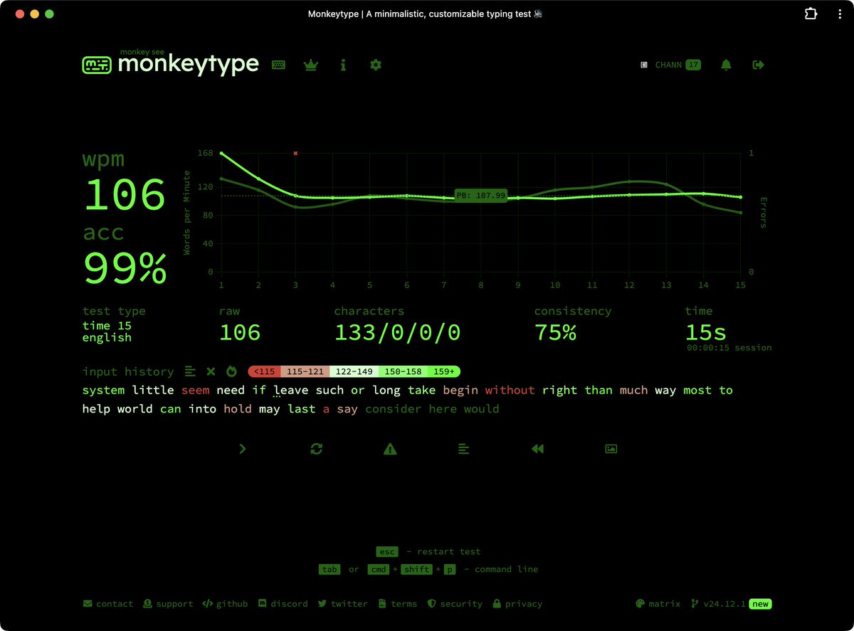channprj's tweet image. 간만에 타이핑 테스트해보니 Voyager 거의 적응한 것 같다. Columnar 배열이라 기존의 Staggered 배열과 키 위치 및 누르는 손가락이 조금 다른 것 때문에 시간이 조금 필요했음. 

#monkeytype
