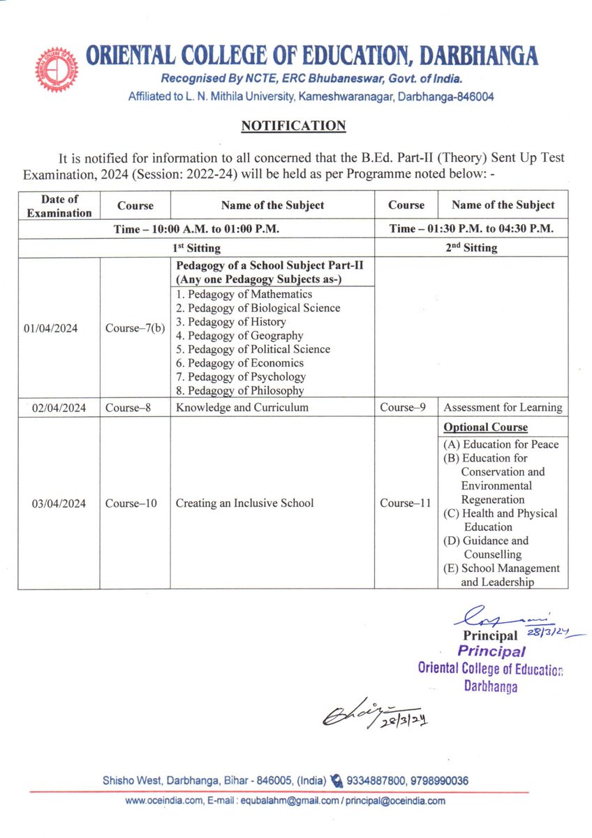OCEIndia2004's tweet photo. It is notified for information to all concerned that the B.Ed. Part-II Sent Up Test Examination, 2024 (Session: 2022-24) will be held as per programme noted below: -
Oriental College of Education, Darbhanga https://t.co/AZwCwgA7hh