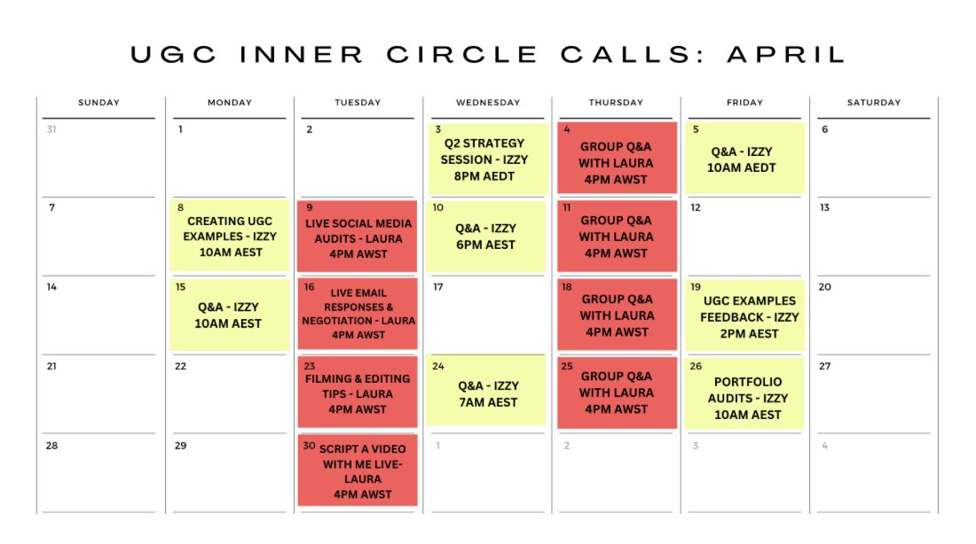 Spent my day planning the group coaching schedule for my UGC community this month!!

Here’s what’s going on:
✅ 8 Group Workshops 
✅ 8 Q&amp;As
✅ 16 hours of calls in total 

Super excited to be giving all the value to our members🥰

Message me if you’re interested in joining us🫶🏻