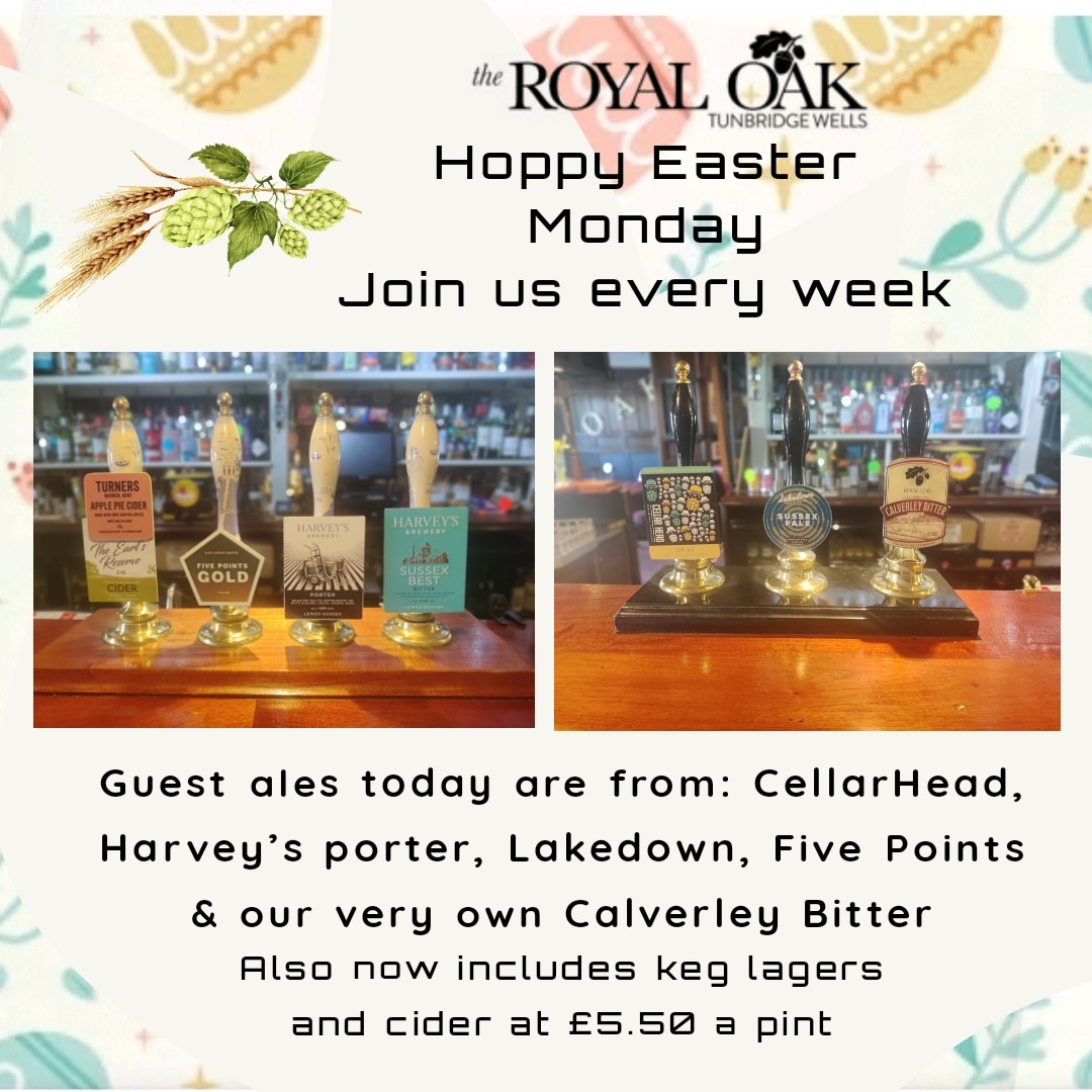 Welcome to Hoppy Easter Monday.  Guest ales today are from #fivepointsbrewingco #lakedownbrewingco #cellarheadbrewingcompany #harveysbrewery #calverleybitter.  

OPEN from 2pm today

#westkentcamra #twcaskale #twrealale #realalefinder #realale #twpubs #tunbridgewellspubs