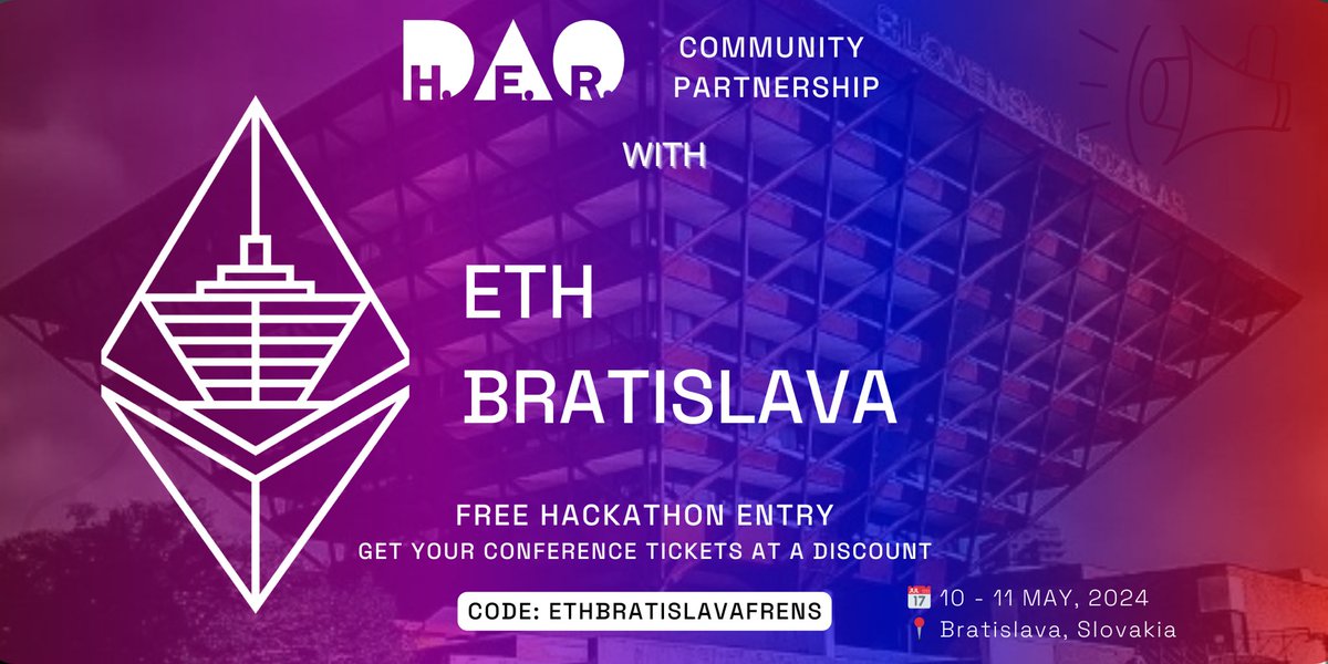 New Grounds Alert! 🚀 H.E.R. DAO and @ETH_Bratislava are joining forces! All members get discounted tickets to the ETH Bratislava conference and free access to the hackathon. 👉🏻 app.moongate.id/e/ethbratislava and apply the discount code ETHBRATISLAVAFRENS