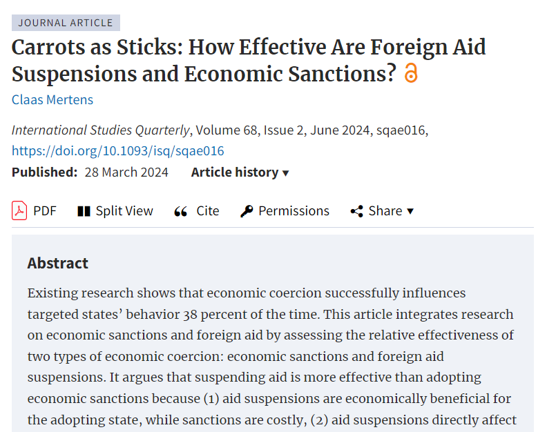 In this @ISQ_Jrnl article, I find that foreign aid suspensions are more effective than economic sanctions. Economic sanctions are less effective than previously thought, and donor states gain power through the ability to suspend aid. Here is WHY: [THREAD] doi.org/10.1093/isq/sq…