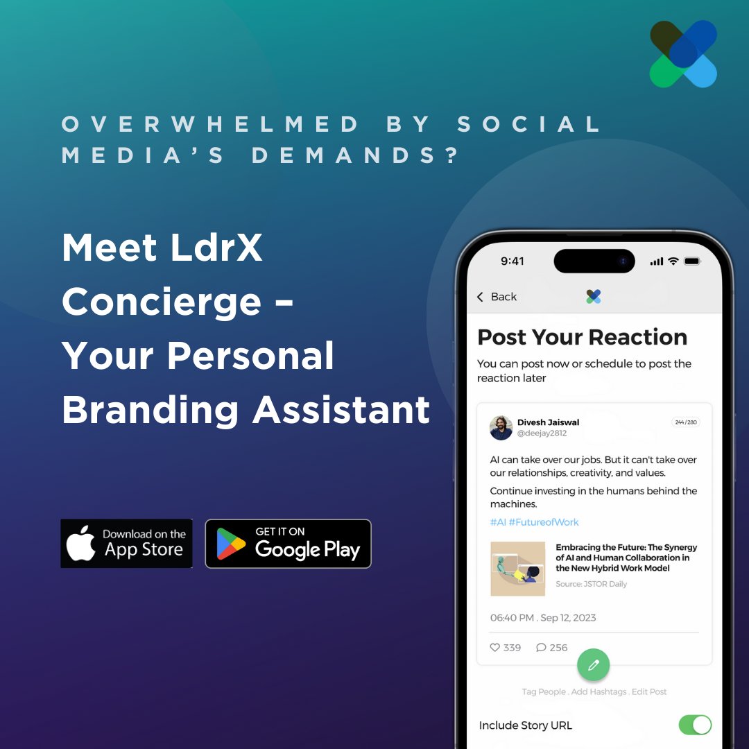 Feeling overwhelmed by social media's demands? 
Say hello to LdrX Concierge – your personal branding assistant. 
Let us handle the heavy lifting while you focus on what matters. 

Download Now: link-to.app/x2V4W52B0h

#LdrX #PersonalBranding #SocialMediaManagement