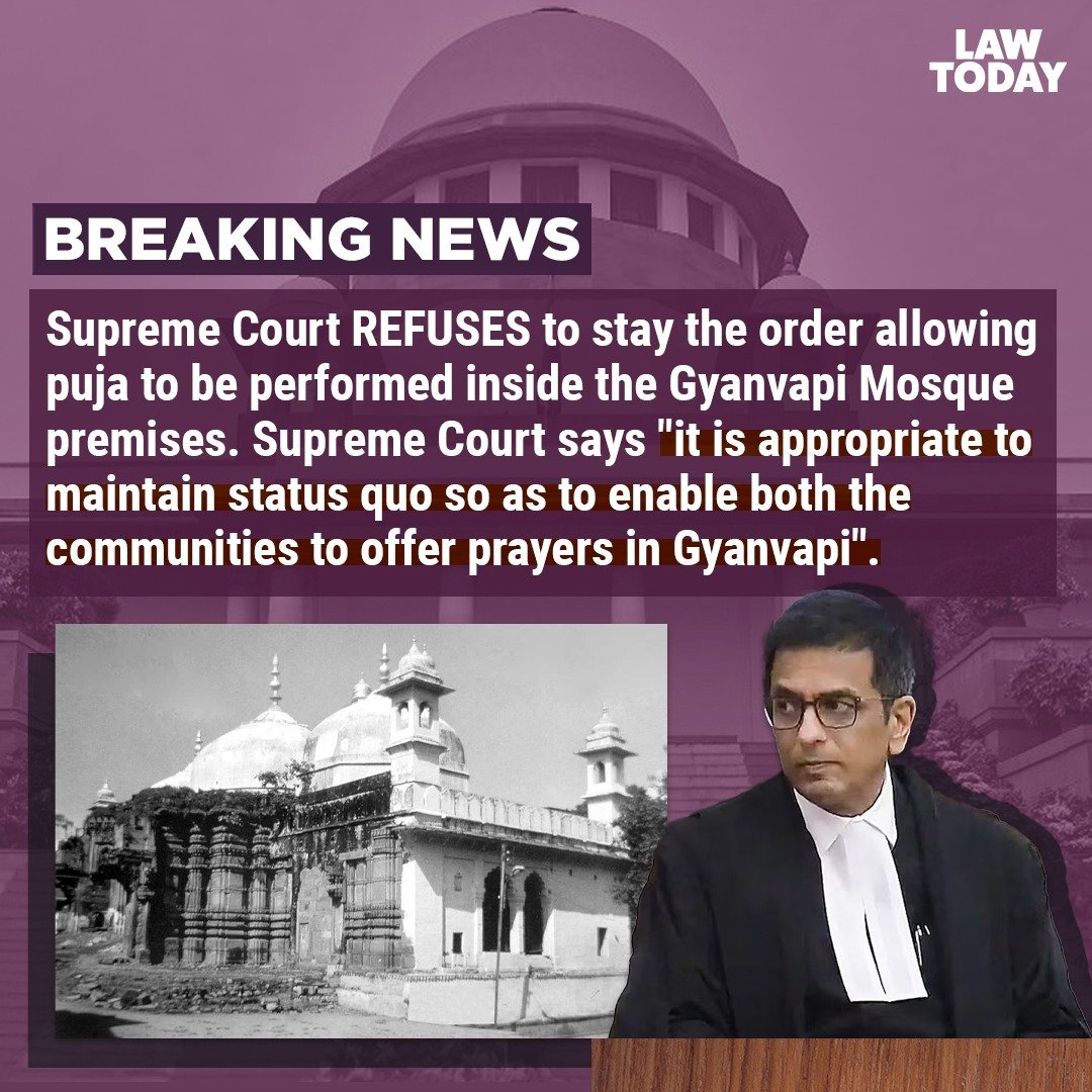 BIG ⚡️Supreme Court allows Hindu worship to continue in the Gyanvapi Mosque premises. Court refuses to stay the order allowing puja to be performed. CJI says 'it is appropriate to maintain status quo so as to enable both the communities to offer prayers in Gyanvapi'.