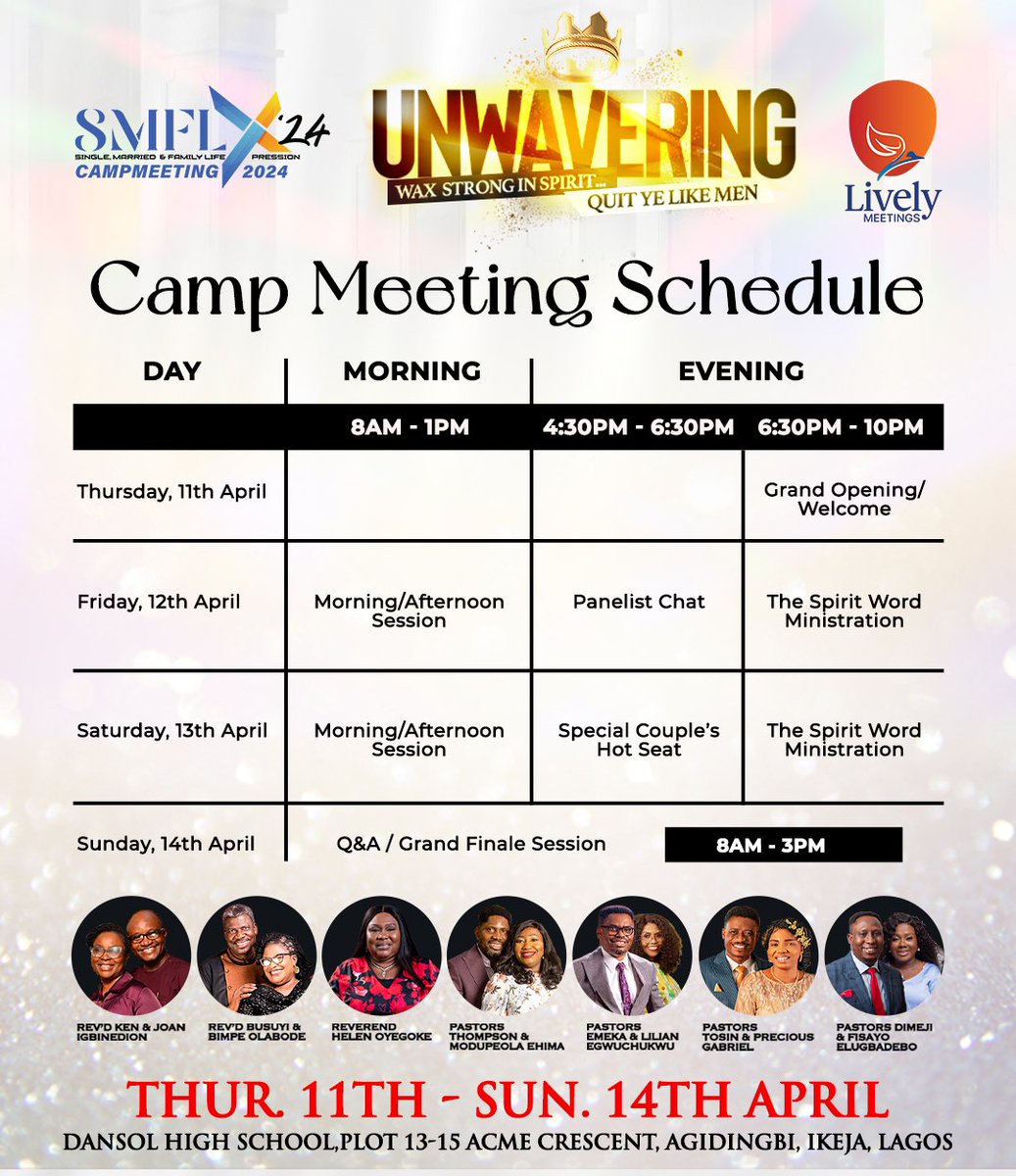 SMFLXOfficial's tweet photo. Camp Meeting Schedule!

Are you still undecided about your attendance?

Here’s something to boost your appetite, flood the comment section with the sessions you’re most expectant about.

#SMFLX2024
#LivelyMeetings https://t.co/dDagbedYEE