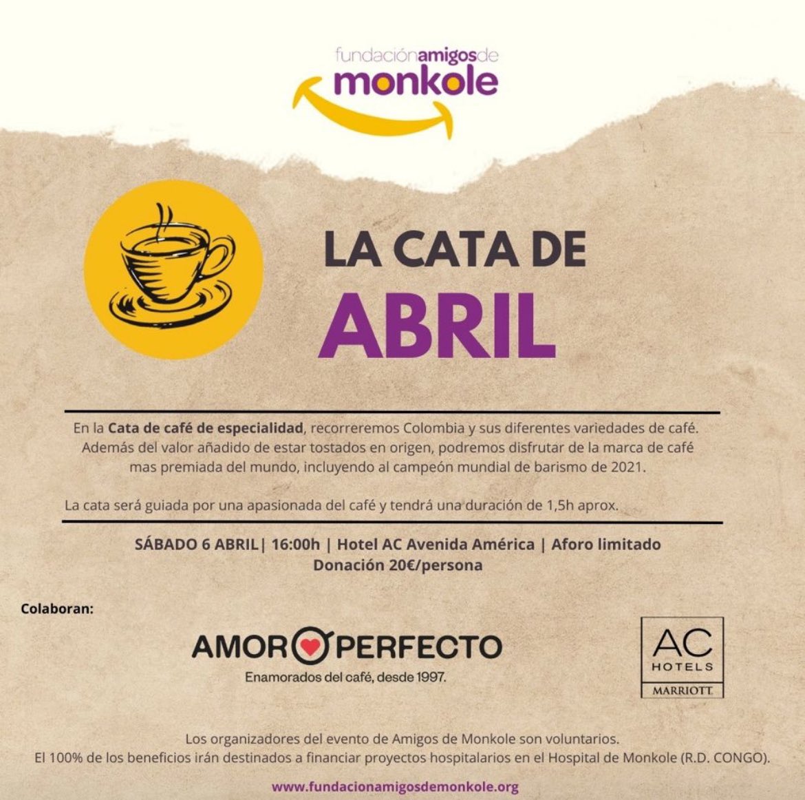Amigos de Monkole (@amigosdemonkole) on Twitter photo ¡Vuelven las catas solidarias! Esta vez de cafés selectos. Será el sábado 6 de abril a las 16:00h en el Hotel AC Avenida América. La cata será guiada por una experta del mundo del café. El 100% de los beneficios de esta cata irán destinados al hospital Monkole.
<a href="/amorperfectocaf/">Amor Perfecto Café</a> ¡Vuelven las catas solidarias! Esta vez de cafés selectos. Será el sábado 6 de abril a las 16:00h en el Hotel AC Avenida América. La cata será guiada por una experta del mundo del café. El 100% de los beneficios de esta cata irán destinados al hospital Monkole.
<a href="/amorperfectocaf/">Amor Perfecto Café</a>