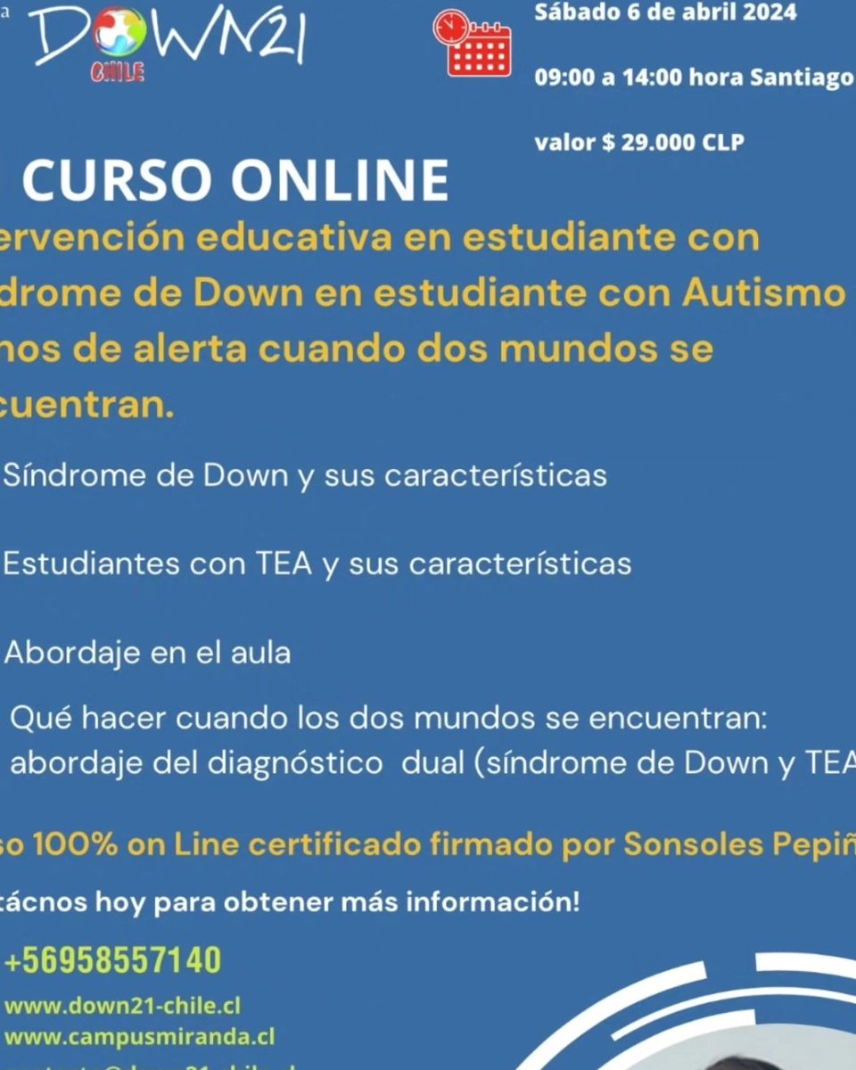 Sábado 6 de agosto 
más información e inscripciones 
down21-chile.cl