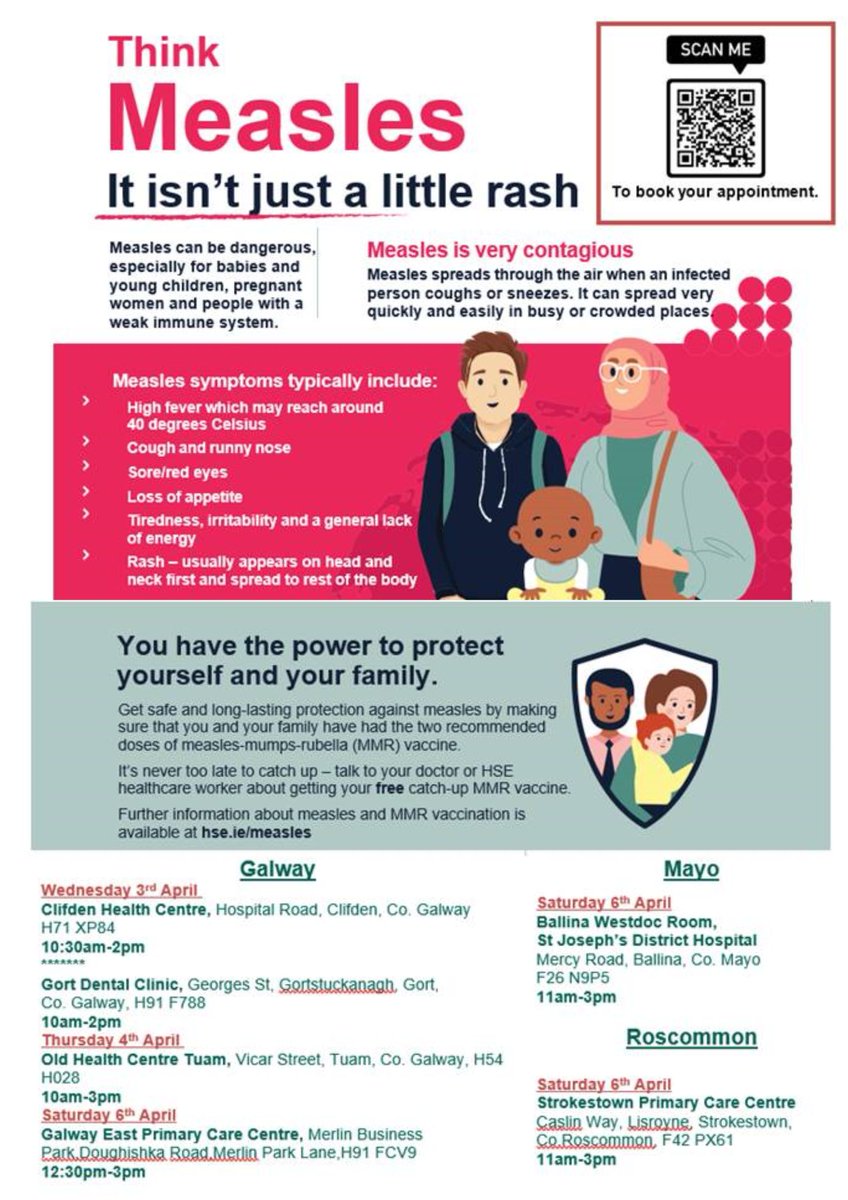 Measles is a highly infectious viral illness which can be dangerous for some people. It's never too late to get vaccinated. Protect yourself & your family by calling into our walk in clinic to get your Free MMR vaccine - details below. For more info click www2.hse.ie/conditions/mea…