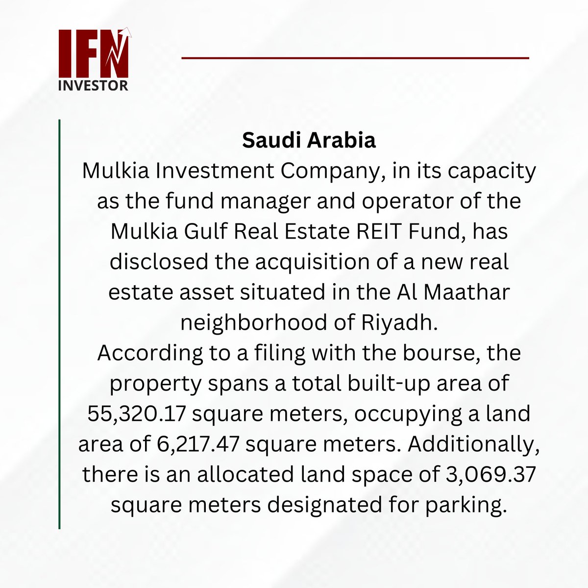 Latest News: Acquisition Announcement: Mulkia Gulf Real Estate REIT Fund Expands Portfolio in Riyadh.

#IFNInvestor #REDmoney #IFN #IslamicFinance #InvestmentBanking #RealEstateInvestment #RiyadhProperty #REITFund #MulkiaInvestment #AlMaathar