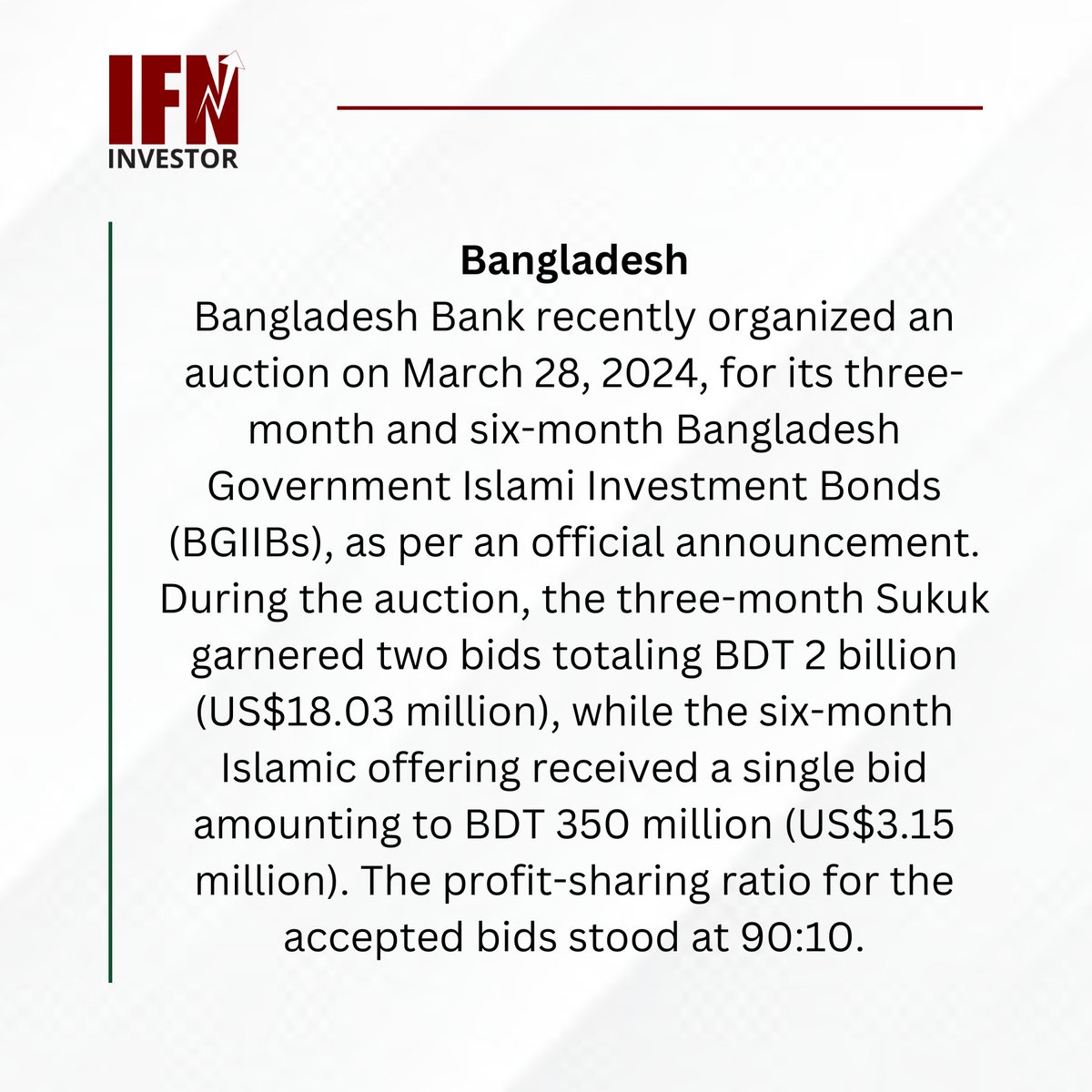 Latest News: Bangladesh Bank Conducts Auction for Government Islami Investment Bonds.

#IFNInvestor #REDmoney #IFN #IslamicFinance #GovernmentBonds #IslamicInvestment #SukukAuction #FinancialMarket #BangladeshBank