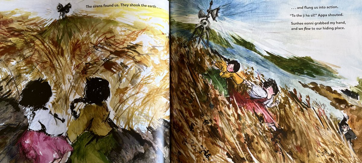 “The House before Falling into the Sea’ by <a href="/AnnSukWang/">Ann Suk Wang</a> and <a href="/hannayoonicha/">Hanna Cha</a> is a striking and poignant tale of kindness for others and of loss  of home in a time of war. Set during the Korean War Wang draws on family stories to creat a memorable tale. #PicturebookPage