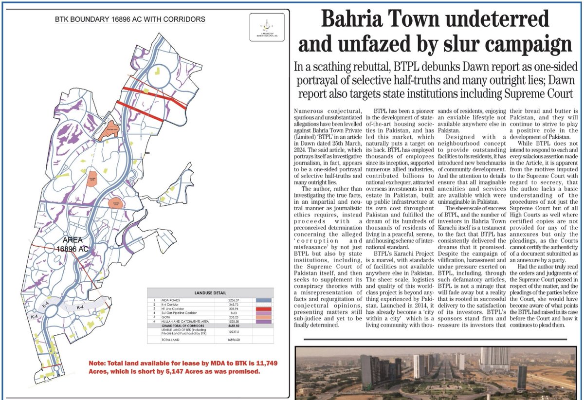 DAWN's report one-sided, includes many outright lies - claims Bahria Town's rebuttal. Institutes including Supreme Court targeted in the report. tribune.com.pk/epaper/2024-04…