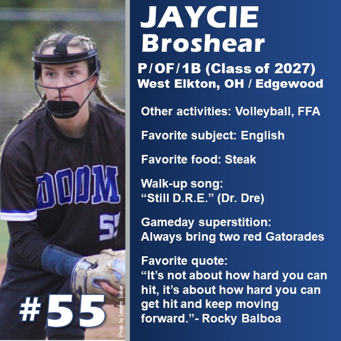 With 55 days until #TheDoom12 takes the field for its first spring/summer game, let's get to know @jayciebroshear. #DoomStrong #HustleandHeart