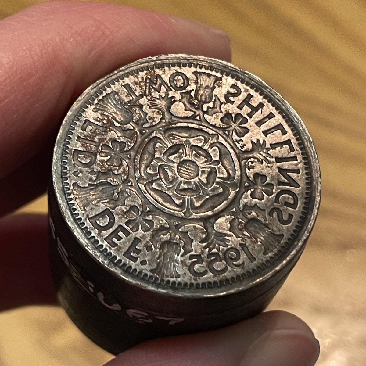 A die for making counterfeit florin coins of Elizabeth II, dated 1955. It was made by James Steele (1884-1968), a pensioner from Edinburgh. Steele minted his own coins to ‘augment his pension’. From @NtlMuseumsScot’s collection #ScottishHistory #Numismatics
