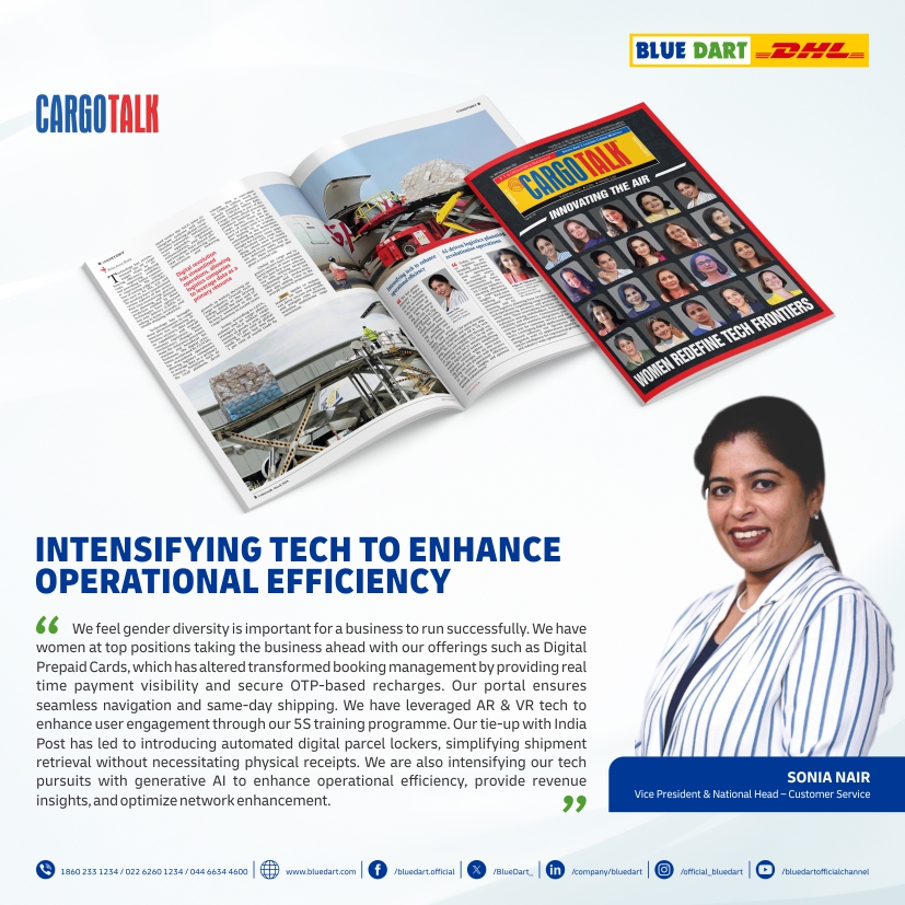 Blue Dart's Sonia Nair featured in @_CargoTalk_ their Women’s Day special edition. Her insights inspire us to soar higher in the world of logistics. #LogisticsLeaders #CargoTalkSpecial #WeMoveSoYourWorldCanMove #IfItsImportantBlueDartIT #BlueDartIT