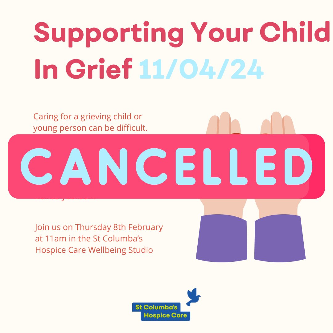 Next Thursday's (11th April) Supporting your Child in Grief group has been cancelled due to the Easter Holidays. The next group will run on Thursday 9th May at 11am-12pm as usual. Apologies for any inconvenience.