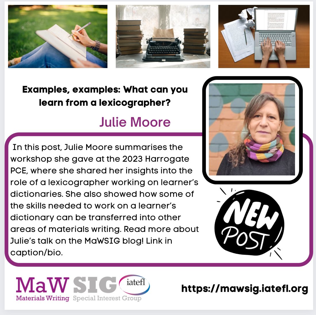 New blog post alert! Julie Moore summarises the workshop she gave at the 2023 Harrogate PCE. Read more about Julie’s workshop here: mawsig.iatefl.org/blog/examples-… #iatefl #mawsig #tefl #teflteacher #lexicographer