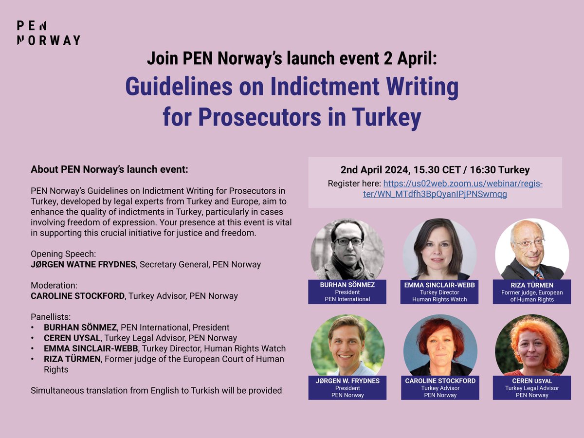 Join us on 2nd April for the digital launch of PEN Norway's Guidelines on Indictment Writing for Prosecutors in #Turkey! ➡️ Register here: us02web.zoom.us/webinar/regist… ➡️ Read the Guidelines: norskpen.no/guidelines-on-…