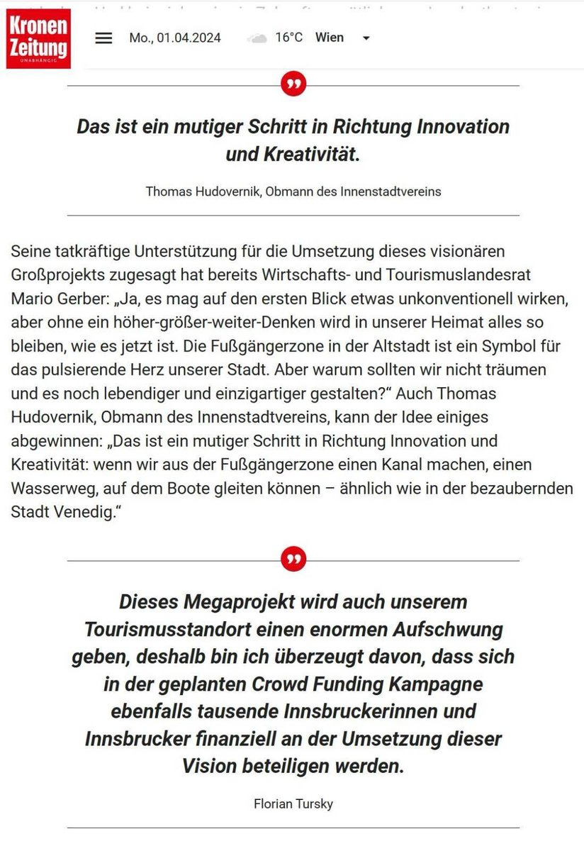 Alpenherold's tweet photo. „ #Innsbruck muss wieder zur Weltstadt werden, deshalb werden wir einen eigenen Seitenstrang des Inns als eine Art Kanal durch die Altstadt graben“, sagt Florian #Tursky in der #krone #venedig #grw #ibktwit #gondeln #inn #1aprile #1april https://t.co/wpTiDHoOff