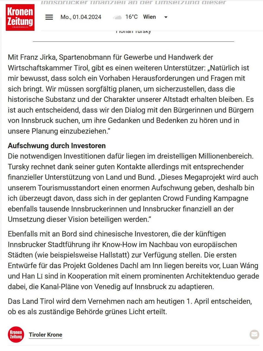 Alpenherold's tweet photo. „ #Innsbruck muss wieder zur Weltstadt werden, deshalb werden wir einen eigenen Seitenstrang des Inns als eine Art Kanal durch die Altstadt graben“, sagt Florian #Tursky in der #krone #venedig #grw #ibktwit #gondeln #inn #1aprile #1april https://t.co/wpTiDHoOff