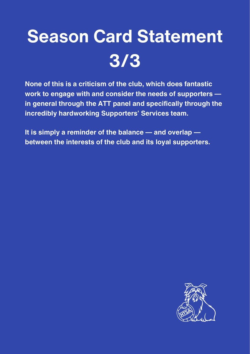 We’ve had a lot of feedback about season cards through our #htafc fans survey, at our AGM, and at the ATT. We think the current affordable pricing works well and should be maintained by @htafc & @KevinNagleMLS . Statement below and on our website here tinyurl.com/htsaSCs