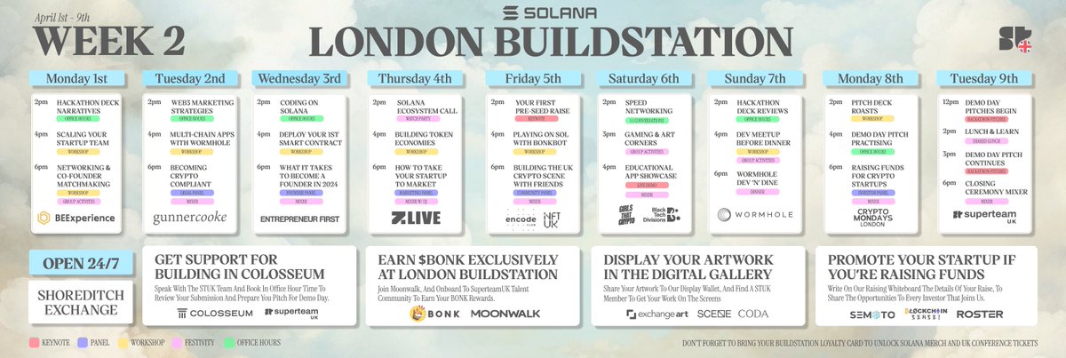 London BuildStation Agenda 🔨🇬🇧

We've been connecting <a href="/Solana/">Solana</a> Communities, Collectors &amp; Capital under one roof to build for <a href="/ColosseumOrg/">Colosseum (Old Account)</a>

Over $1,000,000 in prizes and funding are up for grabs, and we've got all the resources you need at BuildStation!

Read the schedule👇