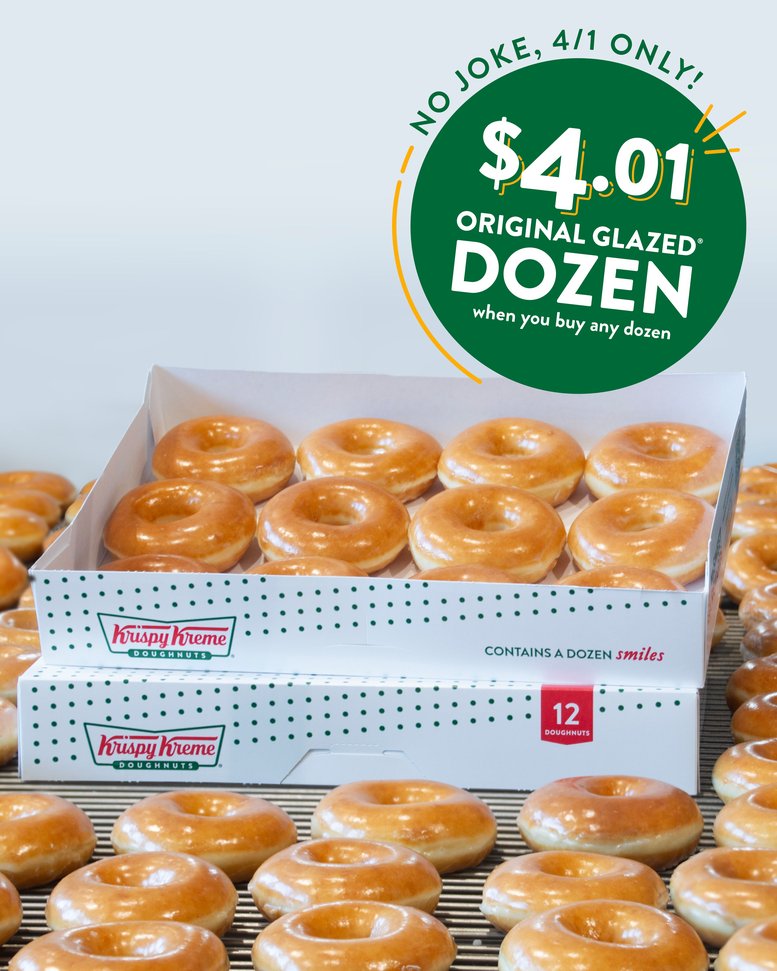 Your wildest dreams 💭 have finally come true! For the first time ever, you bring it we glaze it! Fooled ya! 🃏 But no joking here: get an Original Glazed® Dozen for just $4.01 when you buy any dozen today! We do want to know tho… what would you glaze if you could? 🤔