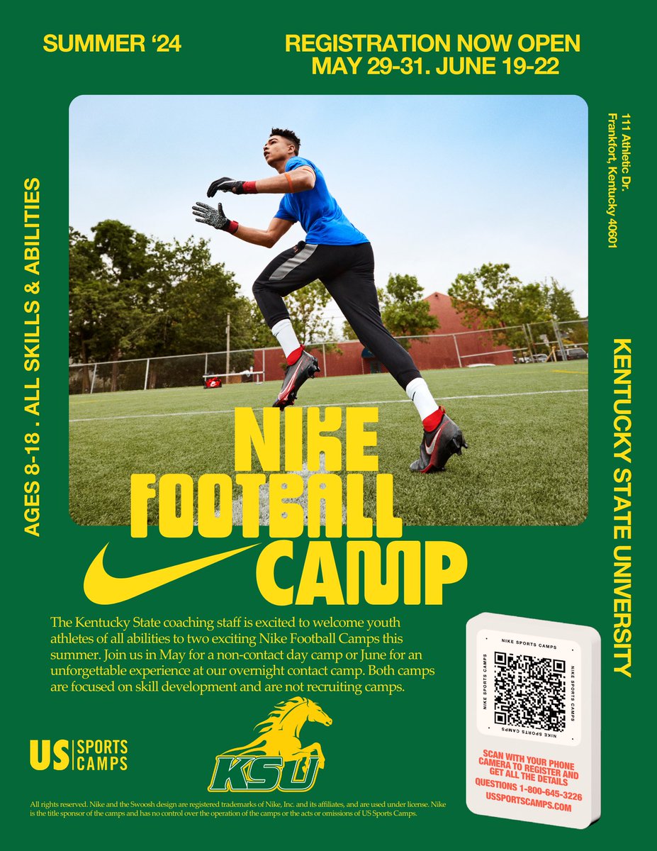 Don’t wait, slot are filling fast @NikeSportsCamp Skills Development Camp @KYSUFB We are the only Nike Camp site in the State of KY. We will have coaches from all levels teaching you skills & techniques that will help you during your season. ussportscamps.com/football/nike-