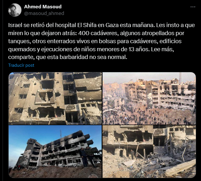 El_Doomer's tweet photo. ¿Recuerdas cuando te intentaban convencer de que Israel no había bombardeado el hospital Al-Ahli?

Israel ya ha atacado los 36 hospitales de Gaza, quedando la mayoría inoperativos.

Hoy las FDI abandonaron el mayor hospital, el Al-Shifa, y dejaron atrás un escenario infernal. https://t.co/y8y8tvlB78