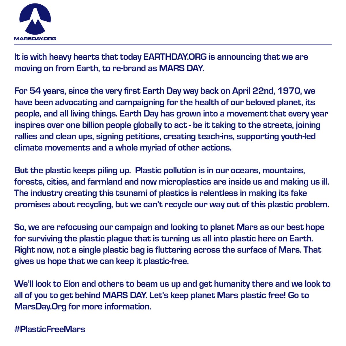 EARTHDAY.ORG Announcement! 54 years of fighting for Earth, but plastic keeps winning. So, we're taking a (slightly dramatic) step... Introducing... MARSDAY.ORG! No plastic bags in sight, sounds perfect, right? Check out our rebrand earthday.org/marsday/