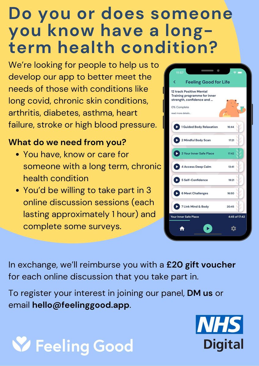 We're looking for people to help us to develop our app to better meet the needs of those with conditions like long covid, chronic skin conditions, arthritis, diabetes, asthma, heart failure, stroke or high bp. To register your interest by emailing us hello@feelinggood.app