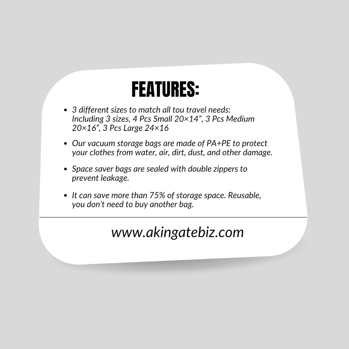 Akingatebiz's tweet image. Pack smarter, travel lighter with Compression Bags! 🌟✈️ Say goodbye to bulky luggage and hello to organized packing with this 10 Pack of Space Saver Bags.

Buy yours now akingatebiz.com/product/compre…
.
#ad #compressionbags