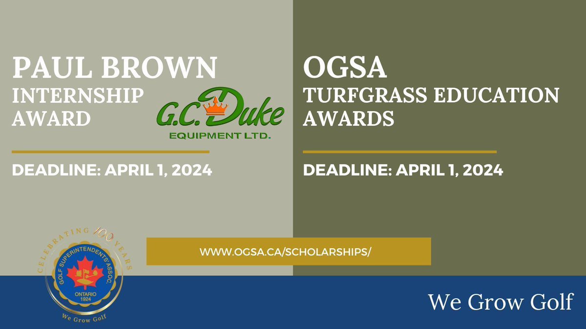 TWO Scholarship Applications Deadline is TODAY! •Paul Brown Internship Award, in partnership with @gc_duke •OGSA Turfgrass Education Awards We will accept applications until the end of the day, today. Good luck applicants! buff.ly/4a7XRtV