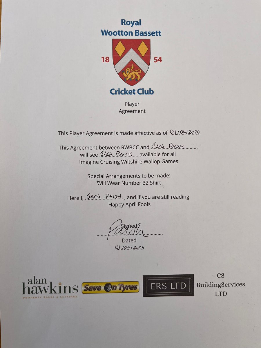 WBCricketClub's tweet photo. After review turns out Paish has not signed… contractual issues 🤷♂️
Enjoy the rest of your bank holiday…
#aprilfools #jacknotback #weareBass https://t.co/JNMzuv2630