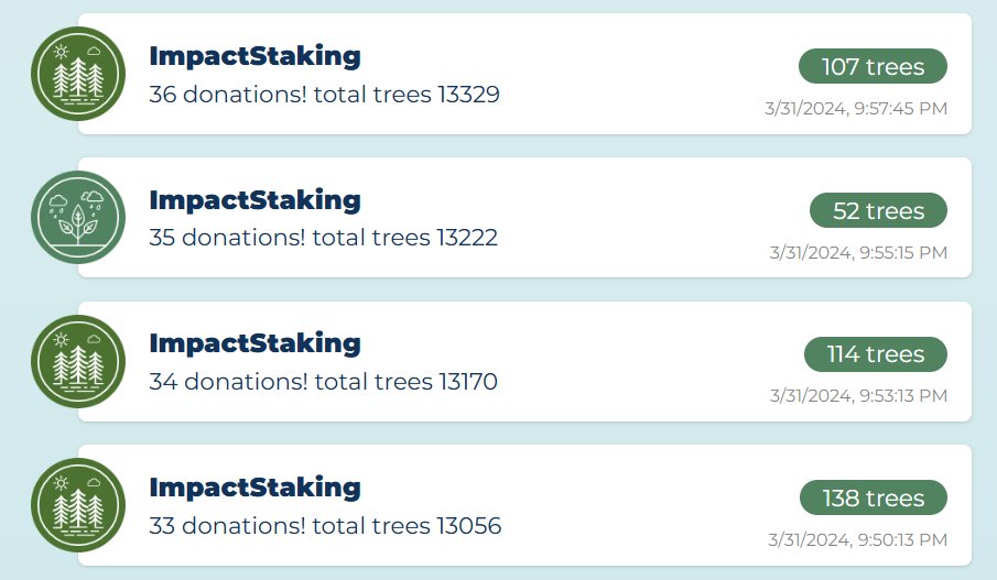 ImpactStaking's tweet photo. We made our final donations to @teamtreesofficl  yesterday. Over 3 years we donated 13329 #trees 🌴🎋🎄🌲🌳

Thanks to our @MultiversX delegators we are very proud of the forest that we all helped to plant 🌍⚡️

We look forward to donating to other causes in the future🌱🧑‍🤝‍🧑 https://t.co/fhQCRqVrpR