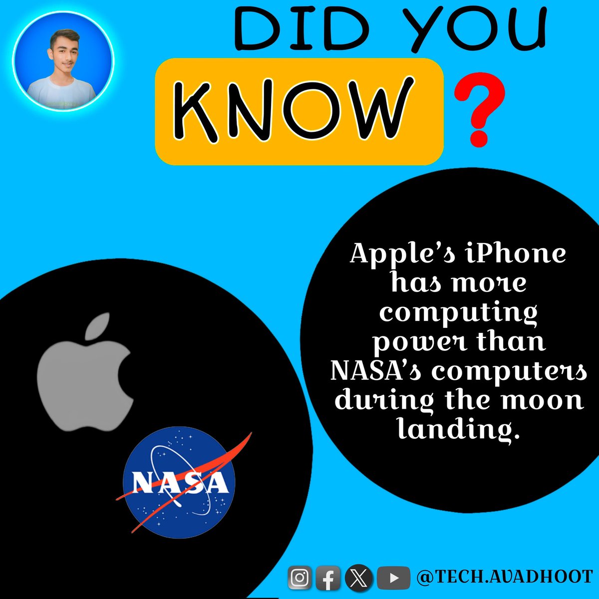 DID YOU KNOW? 🤔❓

Apple's iPhone has more computing power than NASA'S computers during moon landing.

Like and Follow 

#techfacts #technology #tech #technews #facts #technologynews #techno #techworld #techie #technologies  #techhacks #technews #techfactdaily #DidYouKnow