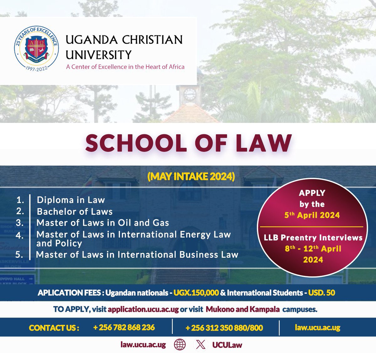 @uculaw We are still receiving applications for our law programs. The deadline to enrol into the @UCUniversity diploma, bachelors and masters programs has been extended upto the 5th April. The Pre entry exams for the bachelors will now take place between 8th and 12th April.