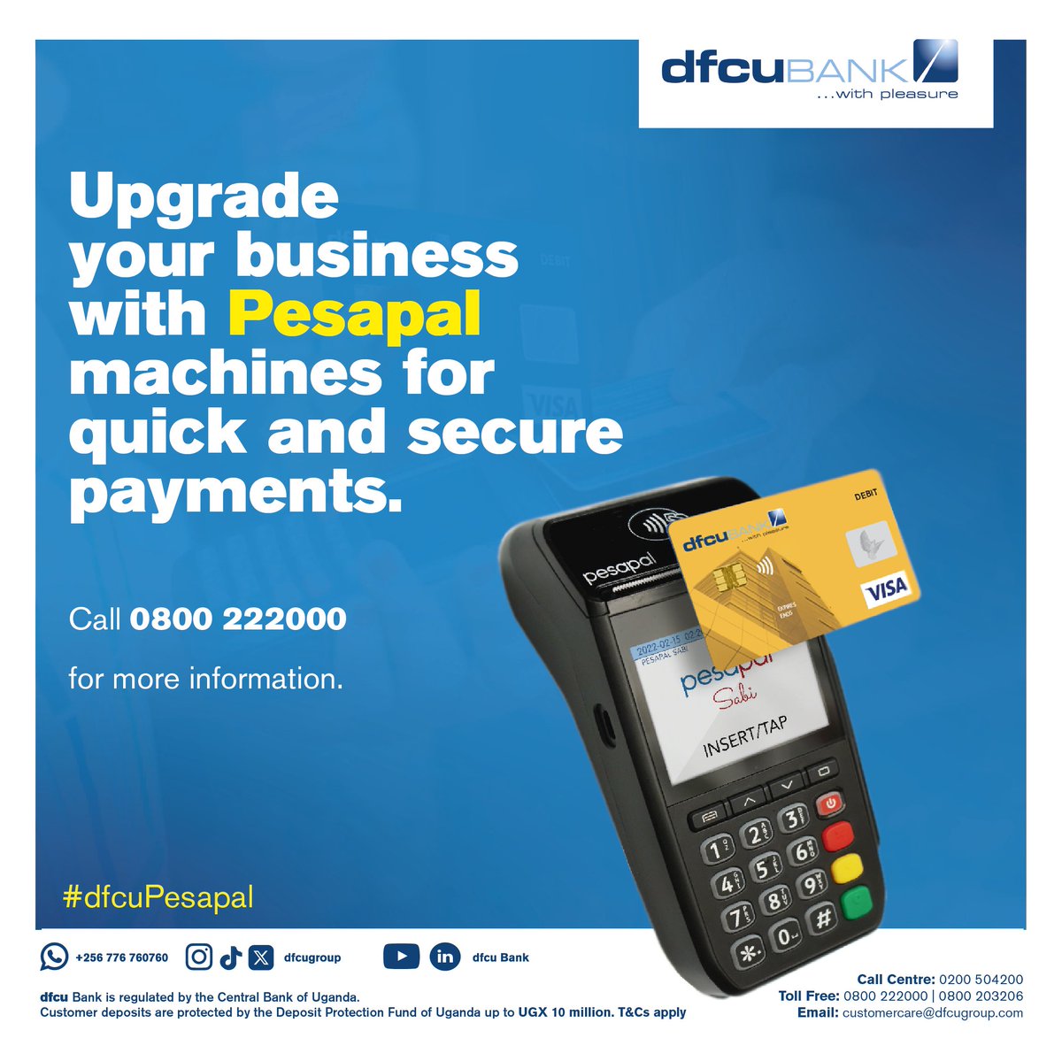 Revolutionize your business with Pesapal Point of Sale machines. Enhance customer satisfaction through secure payment solutions. For further information, contact 0800 222000. #dfcuPesapal #TransformingLivesAndBusinesses