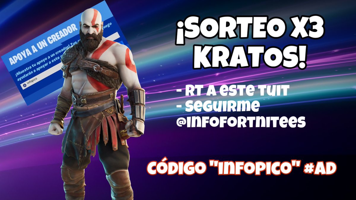 ⚡️ ¡SORTEO DE 3 SKINS DE KRATOS! ⚡️ ✅ RT a este tuit ✅ Seguirme en @InfoFortniteES 👤 Gracias al apoyo al código “infopico” en la tienda #EpicPartner 📅 ¡Termina en 48 horas!